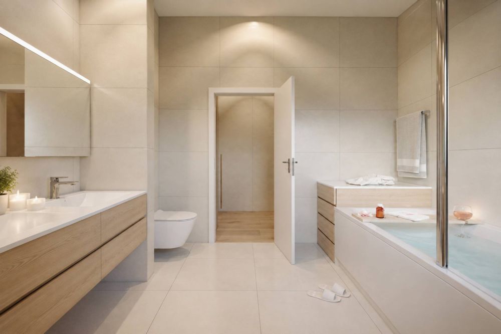 Villa en construction dans un quartier résidentiel - ossature bois - Salle de bains