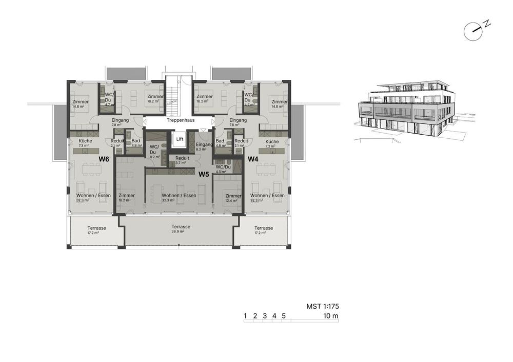 Attraktive 3.5-Zi.-Wohnung mit herrlicher Terrasse (37 m²) an Toplage - Grundrissplan 1. OG