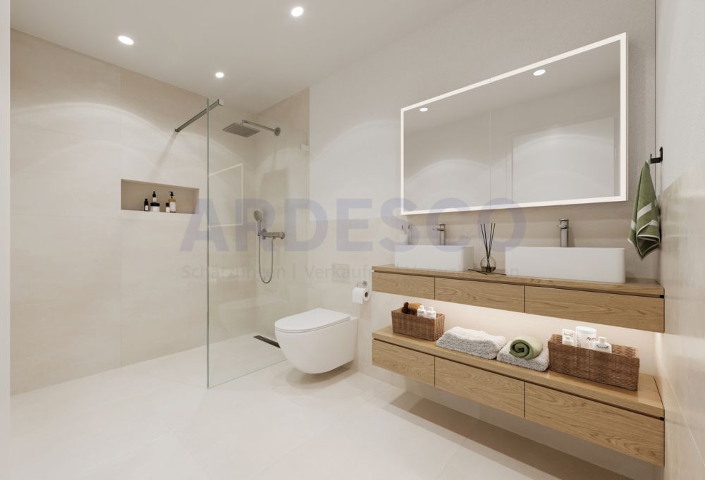 Weitblick Egerkingen - exklusives Wohnen mit Blick auf die Alpen! - Zeitloses Bad mit Walk-in-Dusche