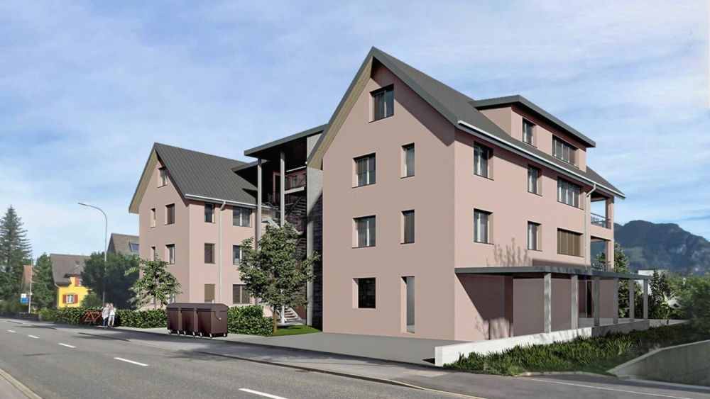 Neubau: 3.5-Zimmer-Attikawohnungen in Oberurnen mit traumhafter Aussicht - Visualisierung Aussenfoto SÜD-WEST