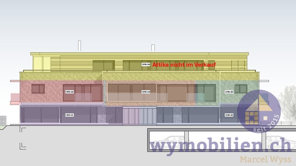 Es steht nur noch die 2.5-Zimmer-Wohnung zum Verkauf - Fassade Süd - 2.5 Whg Nr. 1090-04 (orange)