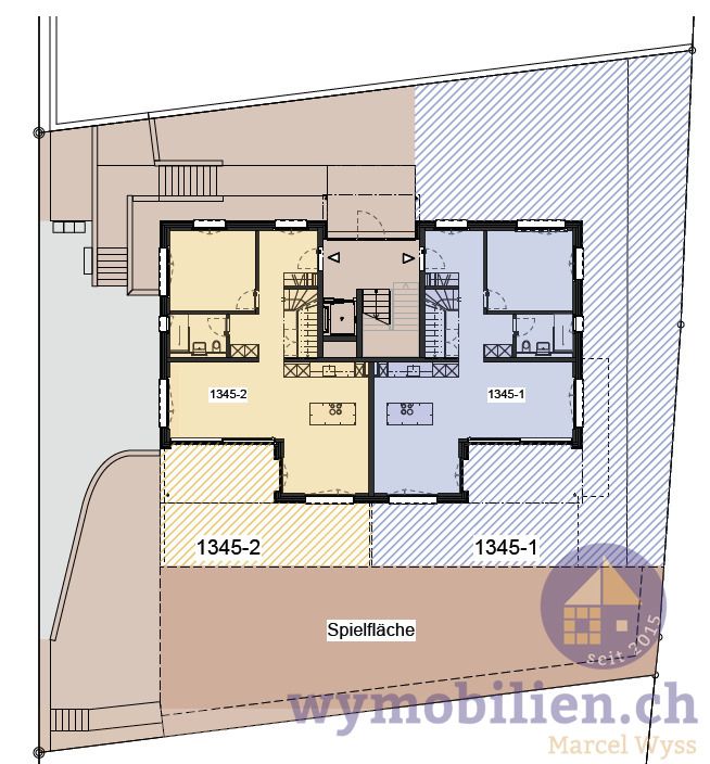 Baustart! Wohnen wie in einem Einfamilienhaus - Blau Wohnung Nr. 1, schraffiert = priv. Garten