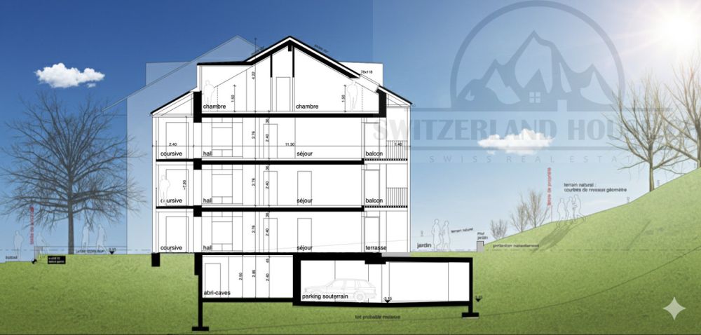 Magnifiques 2.5 pcs proche Sarine en basse ville de Fribourg - Plan de coupe
