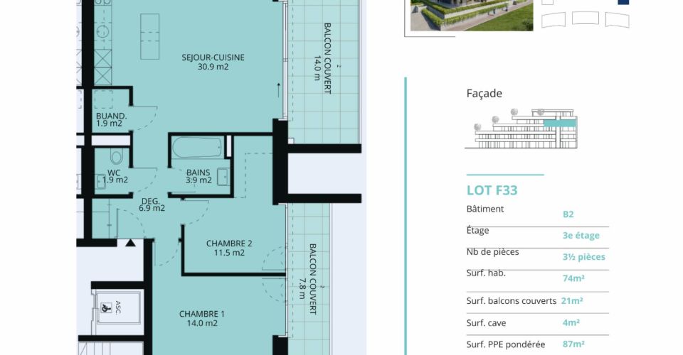 Appartement neuf de 3.5 pièces avec 2 balcons couverts - Appartement 3.5 pièces - image - 12