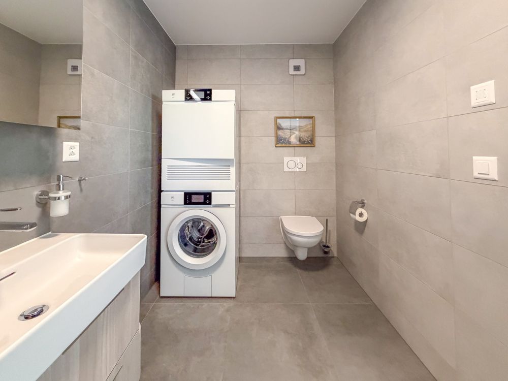 Wohnung mit 2.5 Zimmern im Erdgeschoss, großer Garten und Terrasse - Salle de douche avec colonne de lavage