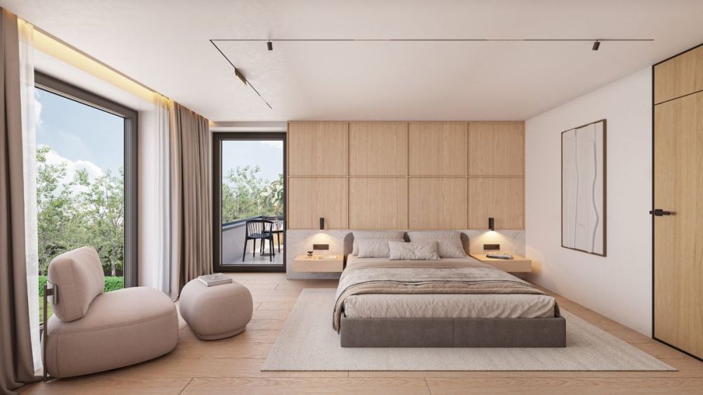 Terre Sainte, nouvelle promotion Minergie, villa jumelle contemporaine - Magnifique master room avec balcon et salle de bain