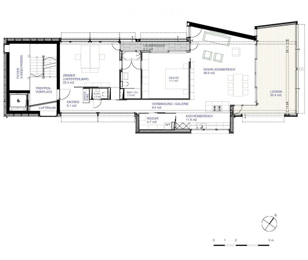 Attikawohnung 83 m2, Terrasse 43 m2, Raumhöhe 2.72 - 3.22 m, Terrazzo; CHF 1'398'000.- -  Bild 5