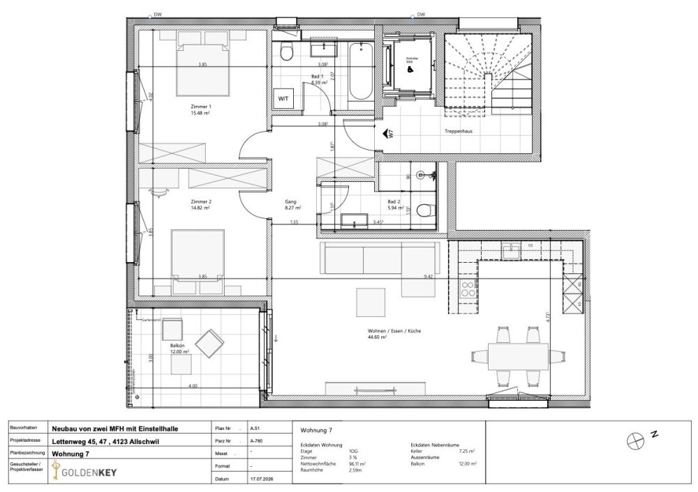 Grosszügige 3.5-Zimmer-Neubauwohnung mit 12 m² Balkon - Grundrissplan
