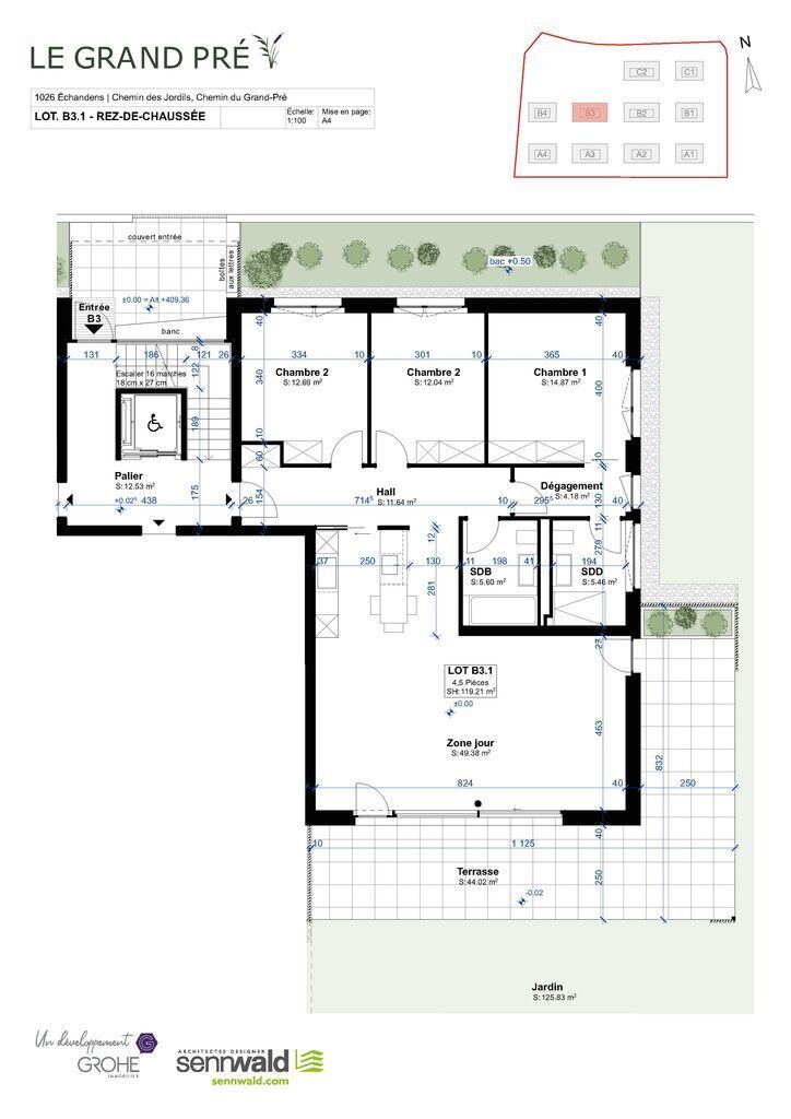 Superbe 3,5 pièces neuf avec terrasse et jardin - Plan lot B3.1