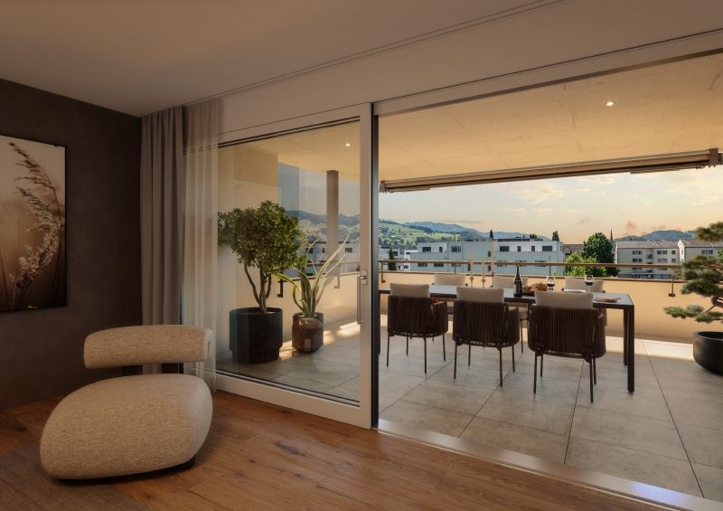 Vorankündigung - Verkaufsstart in Kürze  Neubauprojekt www.altura-buetschwil.ch" - Altura_Buetschwil_innen_terrasse