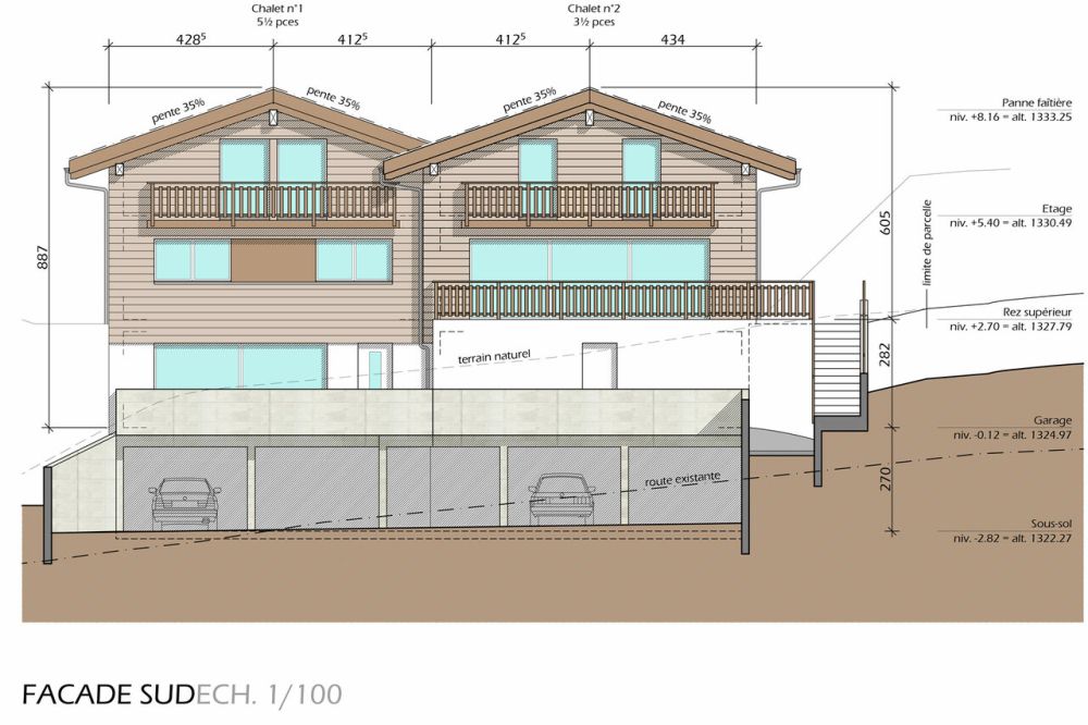 Chalet résidentiel 3.5 pièces à Crans-Montana - Plan de la façade sud / Plan of the south façade / Pianta della facciata sud