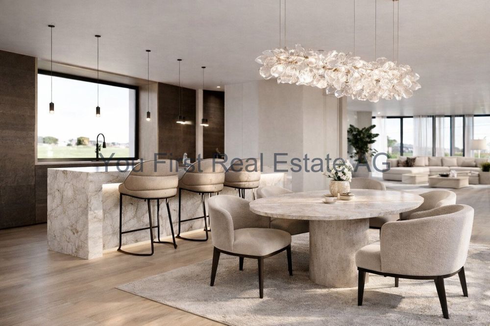 Luxuriöses Wohnen mit Seeblick in Eich  Ein Traum wird wahr! - Lichtdurchflutete Wohn-Essbereich mit Designer-Marmorküche und eleganter Lichtkunst