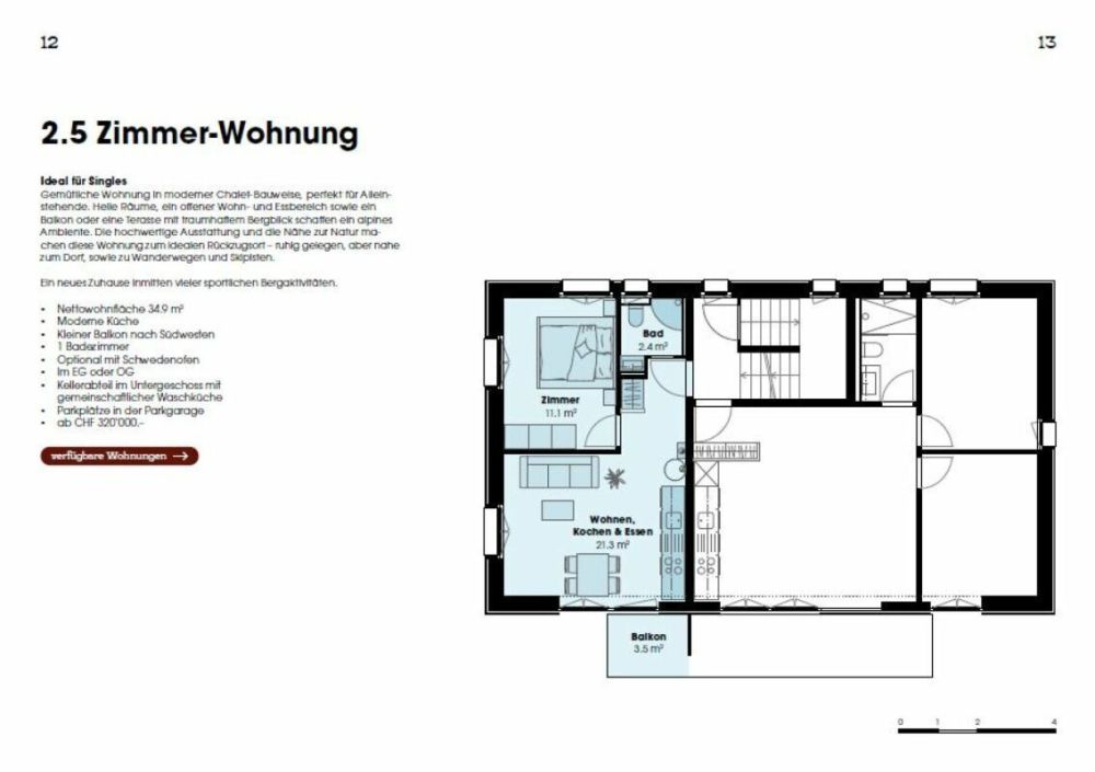 Eggetli-Adelboden - 4½ Zimmer EG/OG Wohnungen - Grundlrissplan 2.5 Zi. Wohnung