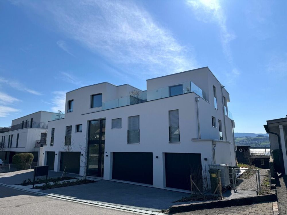 Grosszügige Wohnung mit See- und Bergsicht (Neubau) - Eingangsfassade mit Garagen
