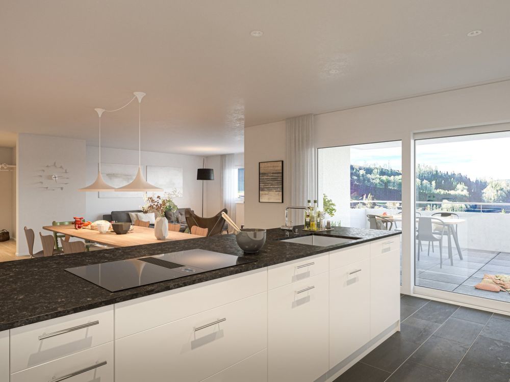 Lebensqualität auf einen Blick: Neubauwohnung mit Weitblick ins Grüne - Küche, Ess- und Wohnzimmer