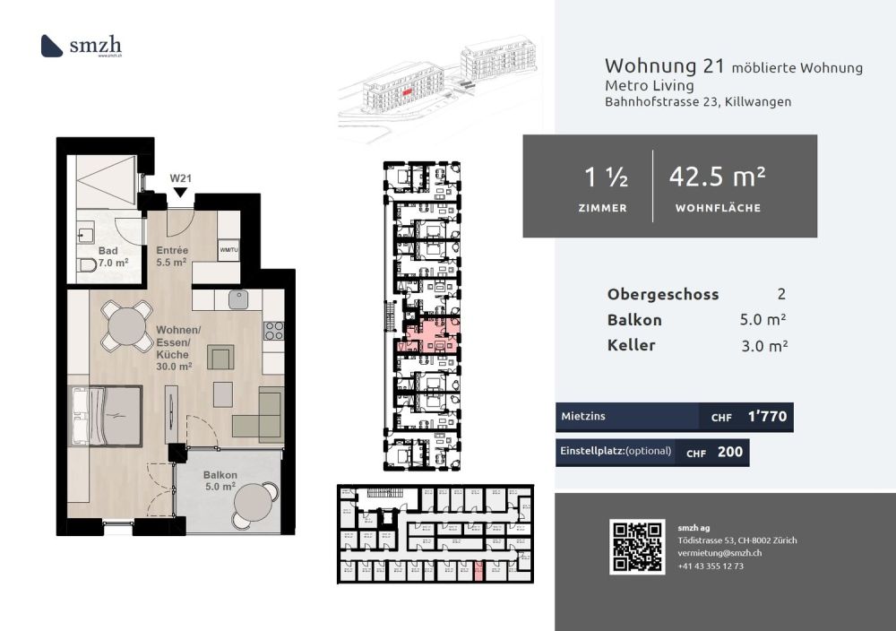 1.5-Zimmer, möbliert, Balkon - direkt am Bahnhof Killwangen -  Bild 2