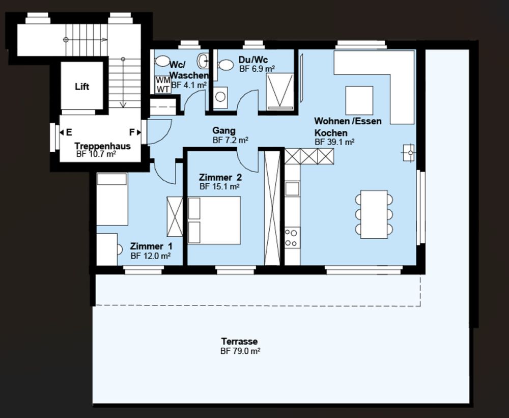 3.5 Z.-Attika-Wohnung (F), 84m2 Netto Wohnfläche, 79m2 Terrasse - Grundriss Wohnung F
