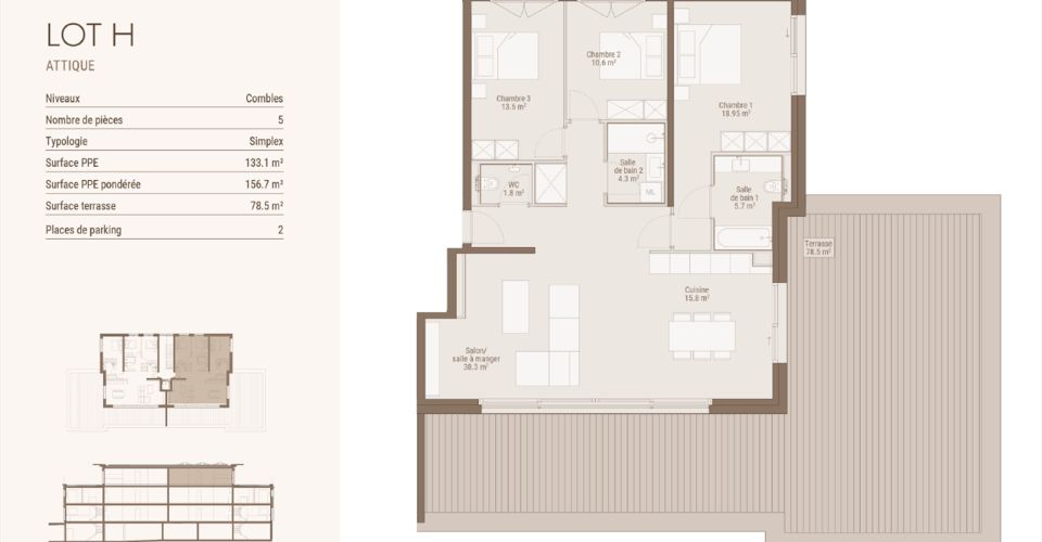 5 pièces en attique avec terrasse de 78 m² - Attique 5 pièces - image - 2
