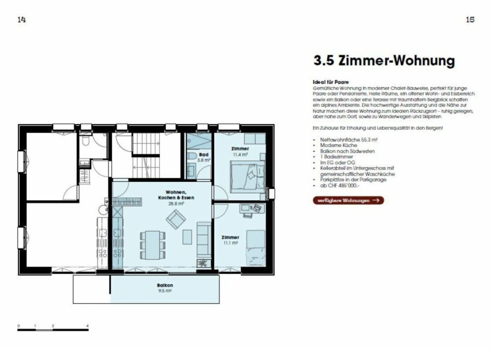 Eggetli-Adelboden - 4½ Zimmer Dachwohnungen+Galerie - Grundlrissplan 3.5 Zi. Wohnung