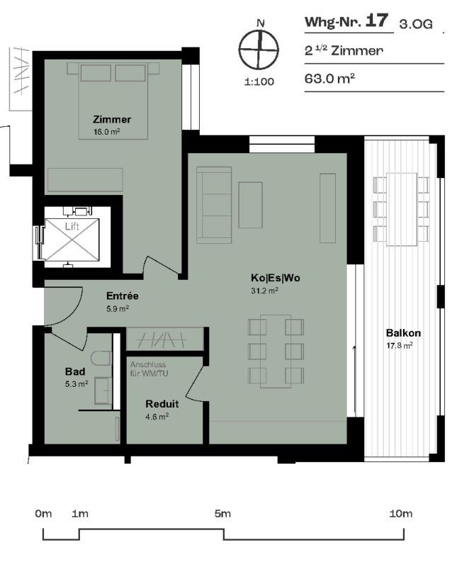 Zentrale Lage und 17.8 m² überdachte Terrasse als erweitertes Wohnzimmer - Grundriss Wohnung mit grossem gedeckem Balkon als erweitertes Wohnzimmer