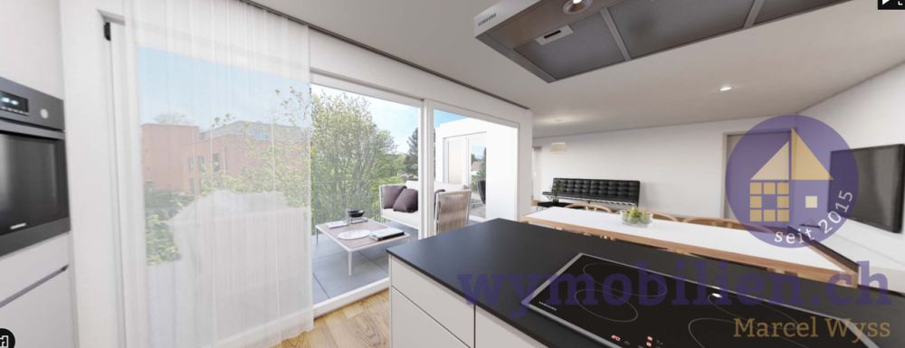 Neubau Kirchberg: hochwertige 4 1/2 Eigentumswohnung - Blick von der Küche auf die Terrasse