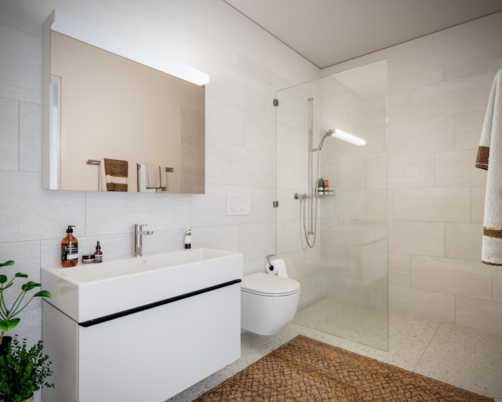 Erstvermietung: Aussergewöhnliches Reihen-Tiny-House mitten im Zürcher - Beispiel Materialisierung Bad