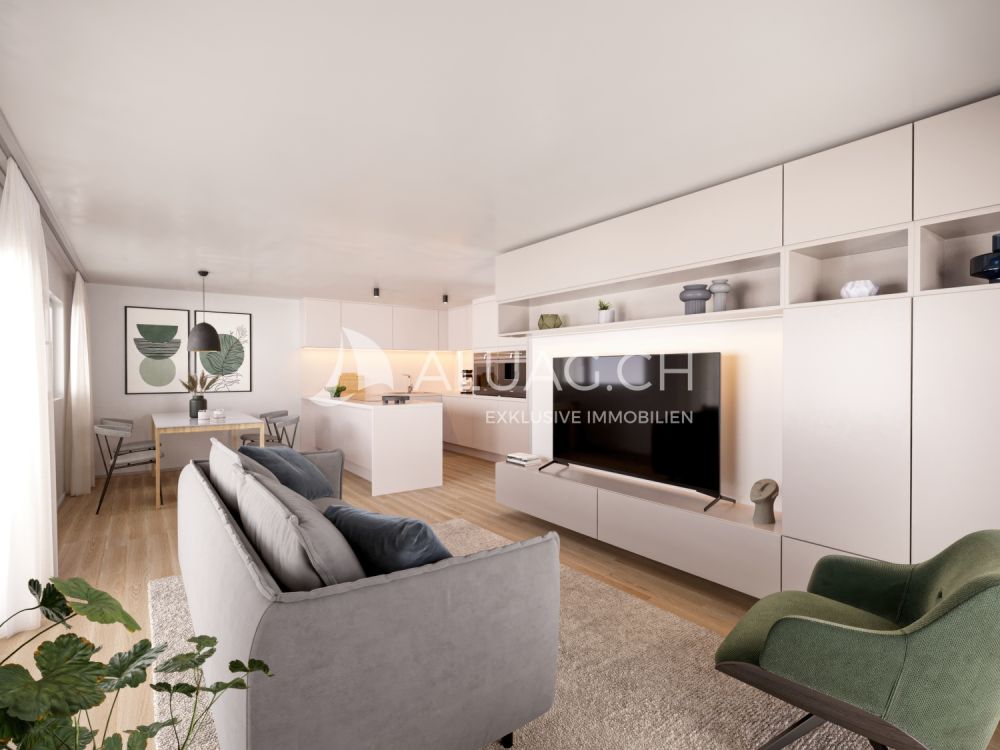 4.5 ZIMMER NEUBAUWOHNUNG IM PARTERRE - Modernes, lichtdurchflutetes Wohn- und Esszimmer mit offener Küche.