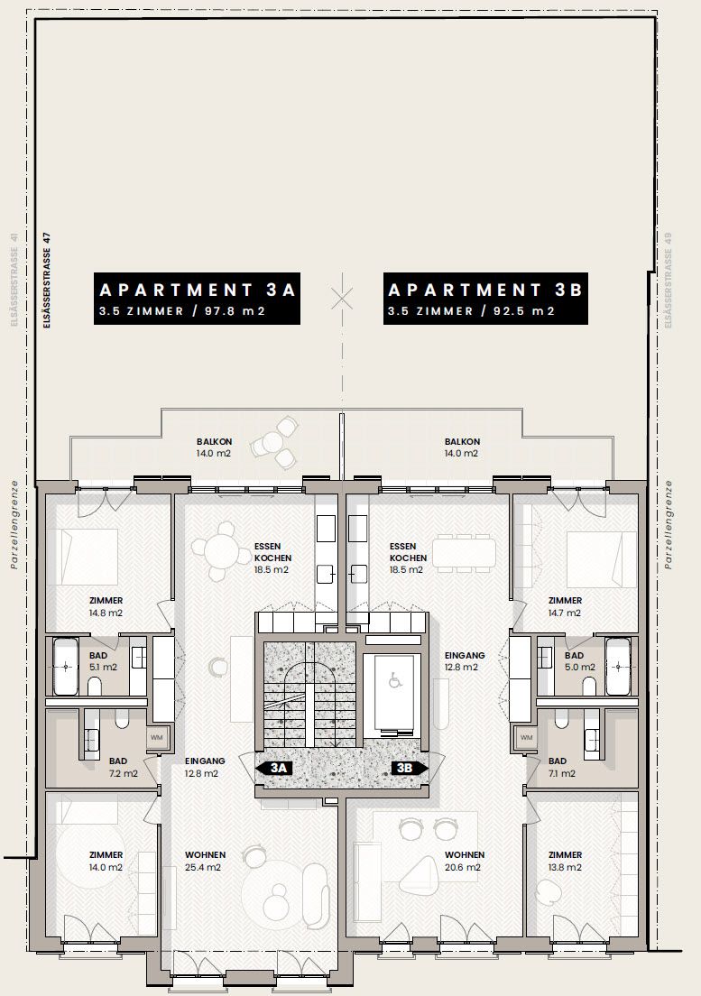 8 exklusive 3.5-Zimmer-Neubauwohnungen  urban wohnen in Basel - Grundriss 3.OG