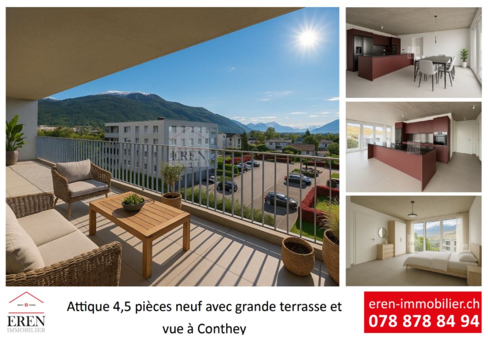 Superbe attique 4 pièces avec façades vitrées et grand balcon-terrasse panoramique de 45 m2 - Attique neuf à vendre à Conthey