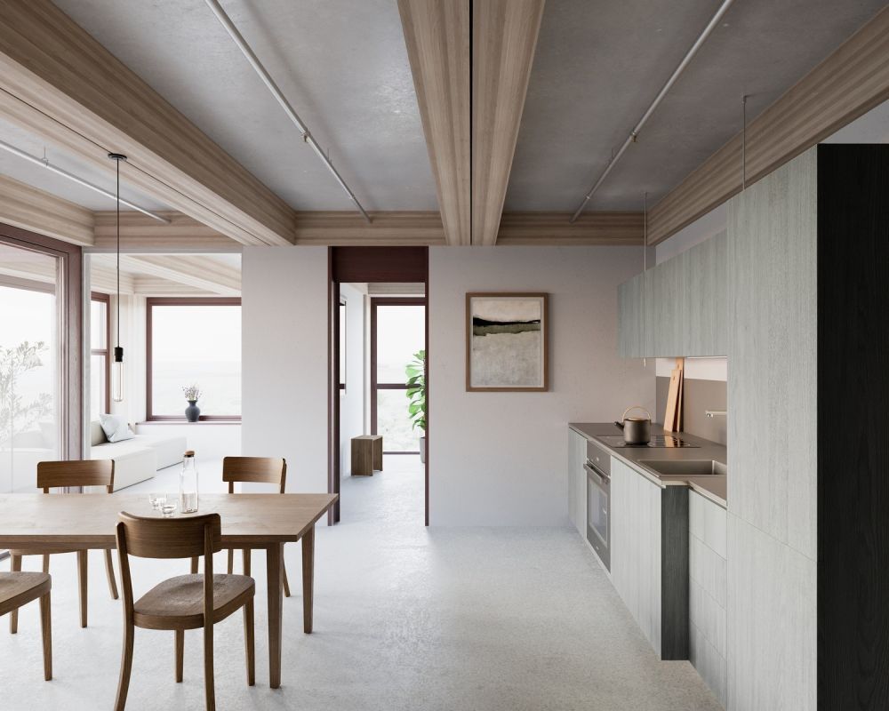 MIETEN OHNE KAUTION - Jetzt Wohnung im Holzhochhaus Besichtigen - Visualisierung Küche, Ausbauvariante Anhydrit, Küche in Grüngrau