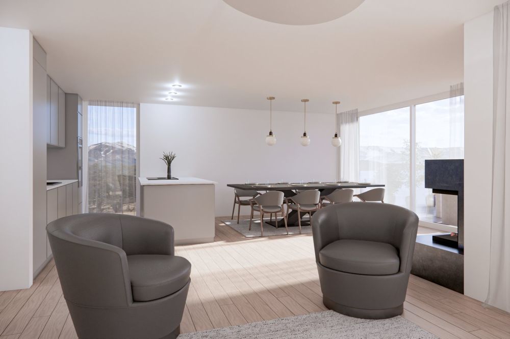 Gediegen und grosszügig Wohnen: «Summa Vallis» - Bezug Frühjahr 2027 - Wohn- und Essbereich mit Cheminée