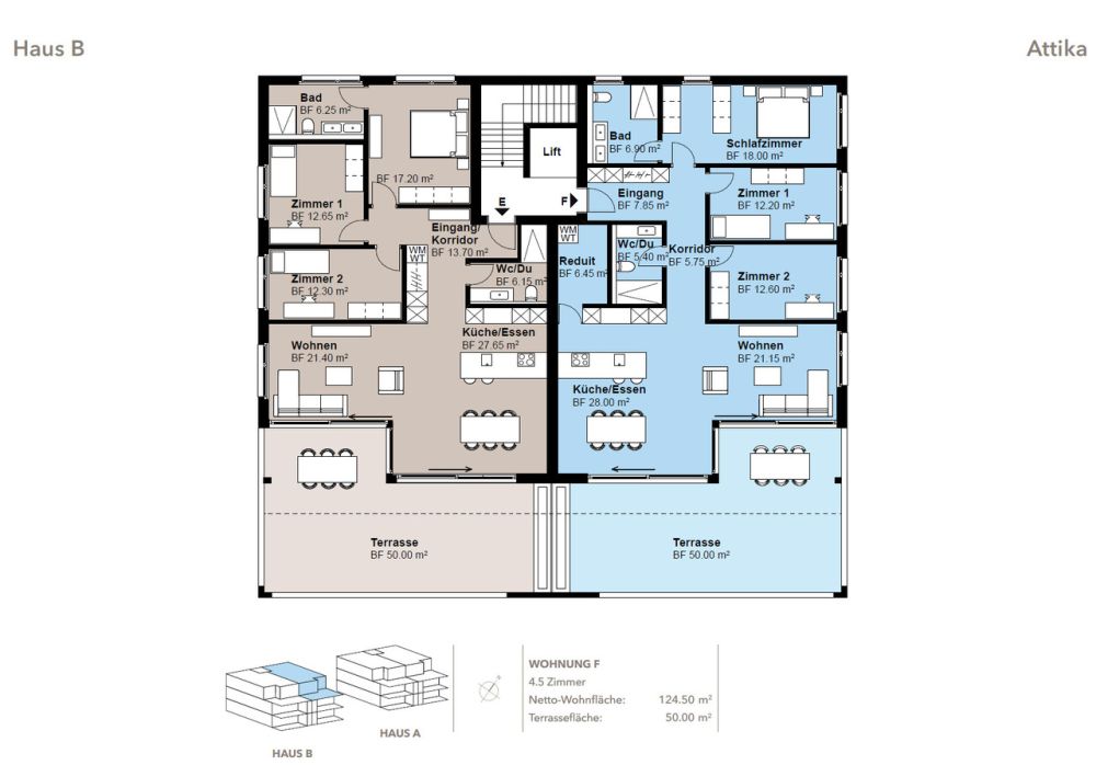 4.5 Z.-Attikawohnung F im Haus B, 125m2 Nettowohnfläche, 50m2 Terrasse - Grundriss Attika F
