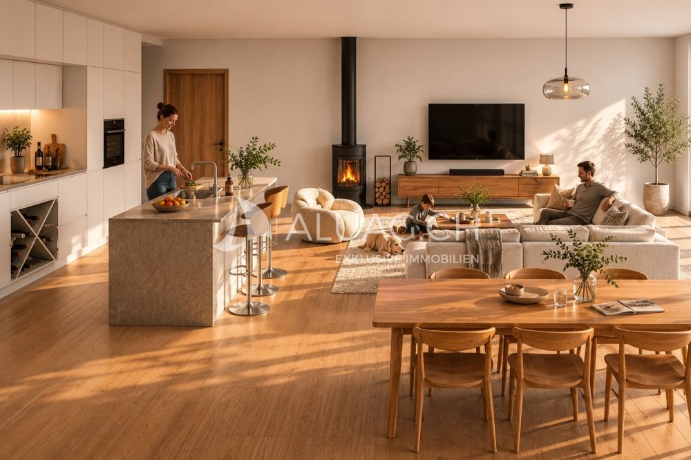 MODERNES WOHNEN OBERHALB DER STADT BIEL - Sehr heimelige aber moderne Küche, Ess und Wohnraum mit grosser Fensterfront