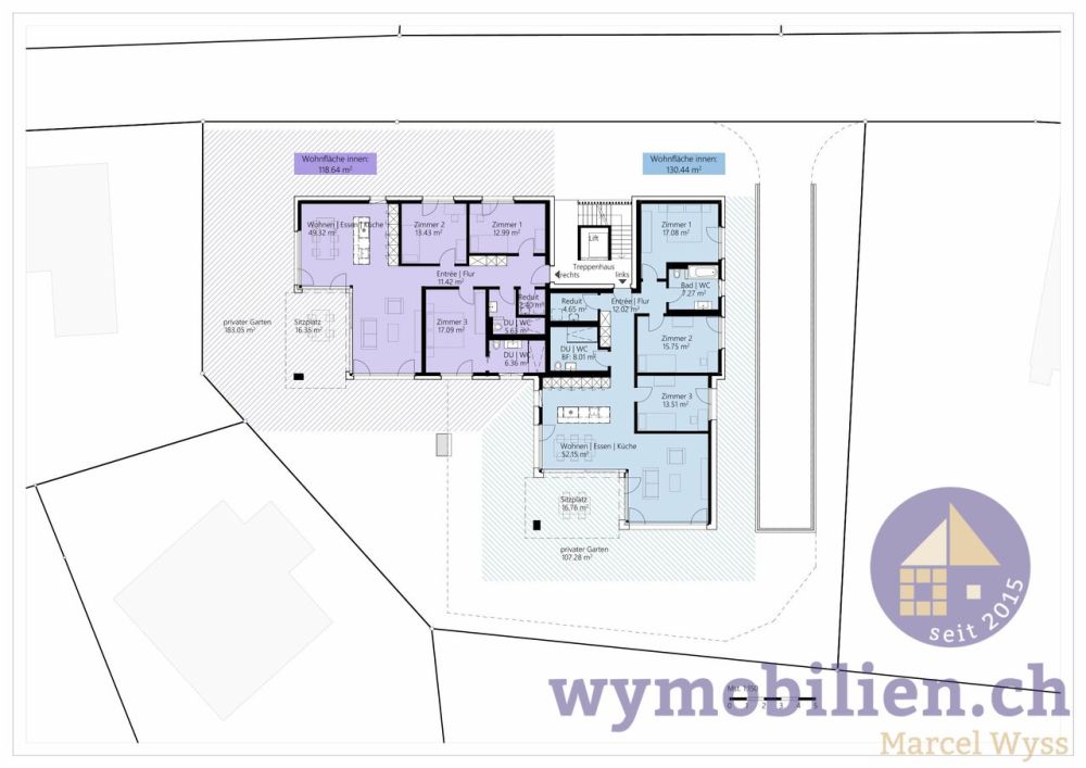 Gartenwohnung bezugsbereit 1.8.2026! - Wohnung 522-2 = violett, schraffierte Fläche = priv. Gartenbereich