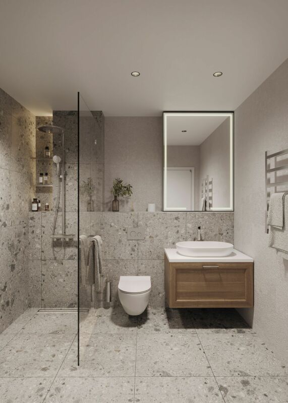 Bezugsbereiter Neubau: Einzigartiges Reihenhaus in Oberneunforn - Badezimmer im Wohnhaus mit bodenebener Dusche