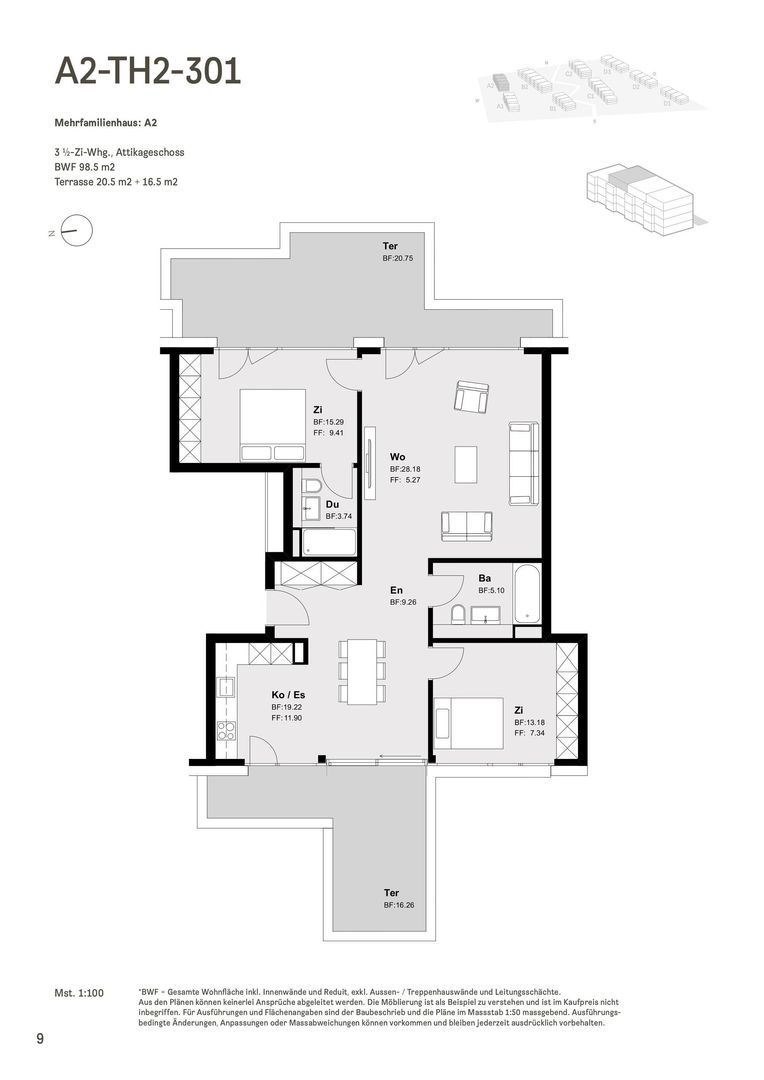 Erstbezug 2026 - Exklusive 3.5-Zimmer-Attikawohnung mit zwei Terrassen - Grundriss