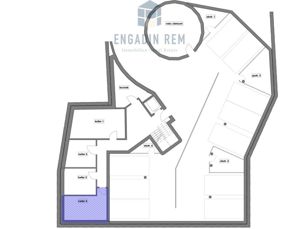 3.5-Zimmer-Zweitwohnung mit Blick ins Val Roseg - Keller und Autoeinstellplätze im Untergeschoss / Basement: cellars and parking spaces / Piano interrato: cantine e posti auto