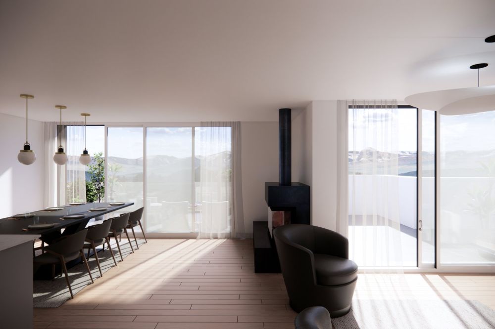 Gediegen und grosszügig Wohnen: «Summa Vallis» - Bezug Frühjahr 2027 - Wohn- und Essbereich mit Cheminée