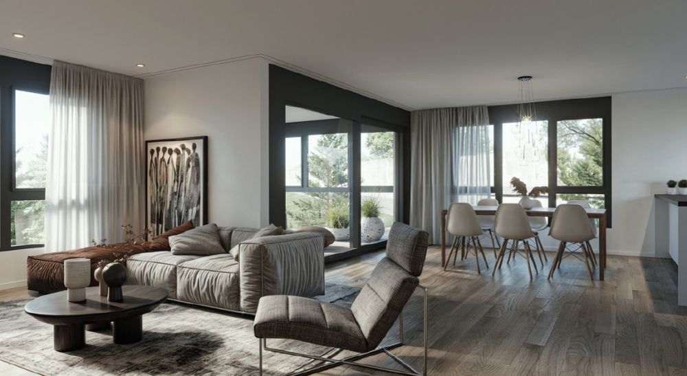 Neubauprojekt Cube: Exklusive Eigentumswohnung - Wohnzimmer Etagenwohnung Visualisierung