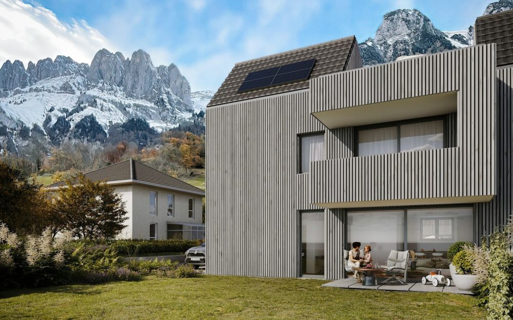 Neubau: Modernes Reiheneinfamilienhaus in Sax zu kaufen - Aussenvisualisierung