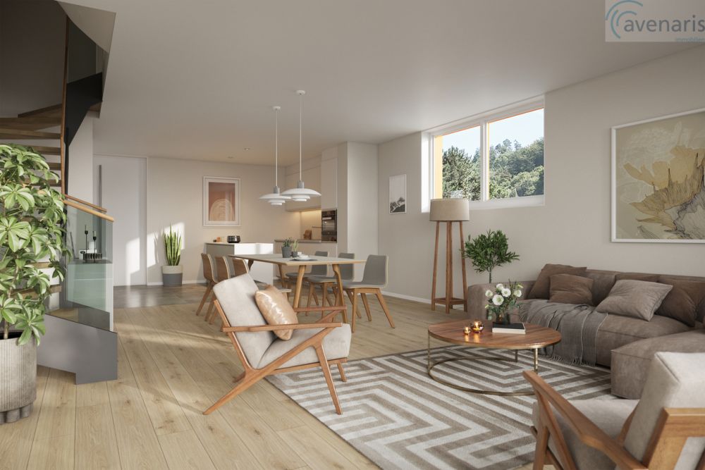 Nur noch ein Haus von drei bewilligten Premium-Reihenhäusern frei - Wohn- und Essbereich Visualisierung / Living and dining area visualization