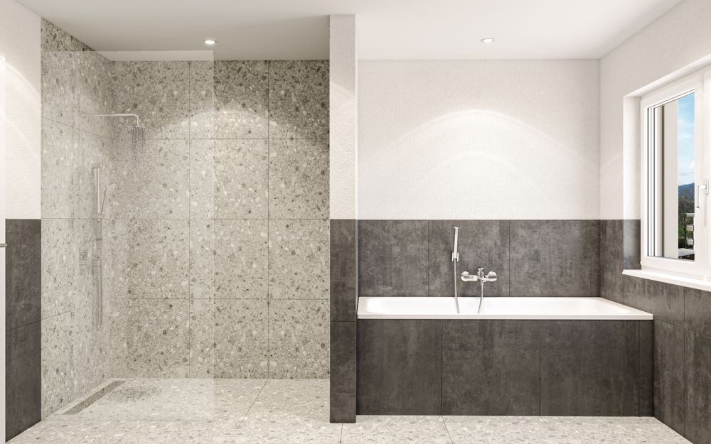 4.5 Z.-Wohnung OG, 125m2 Netto Wohnfläche, 23.5m2 gedeckter Sitzplatz - Bad