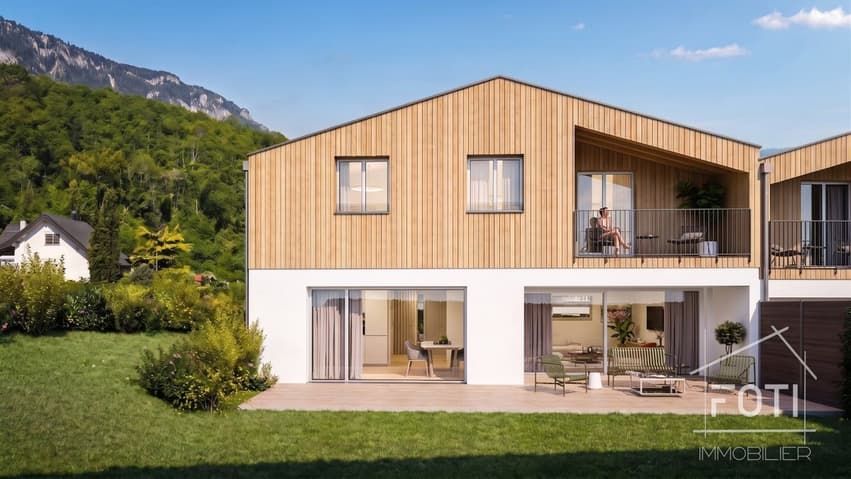 Villa NEUVE 4,5 p. de 131 m² - jardin, terrasse 39 m² et vue Dents-du-Midi - Mur - Façade arrière - image de synthèse