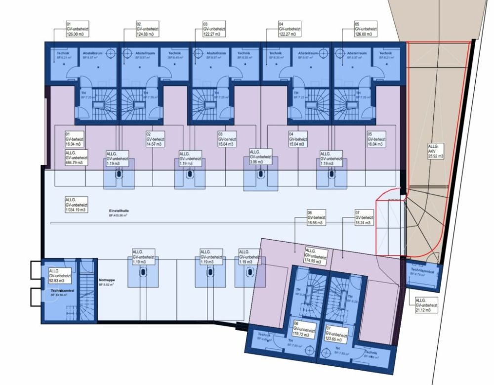 Bezugsbereiter Neubau: Einzigartiges Reihenhaus in Oberneunforn - Untergeschoss mit Technik- und Abstellräume der Häuser (blau) sowie die gemeinschaftliche Einstellhalle mit Autoabstellplätzen (zwei je Haus sind mitzuerwerben)