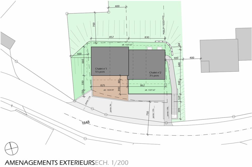 Chalet résidentiel 3.5 pièces à Crans-Montana - Plan des aménagements extérieurs / Exterior layout plan / Planimetria esterna