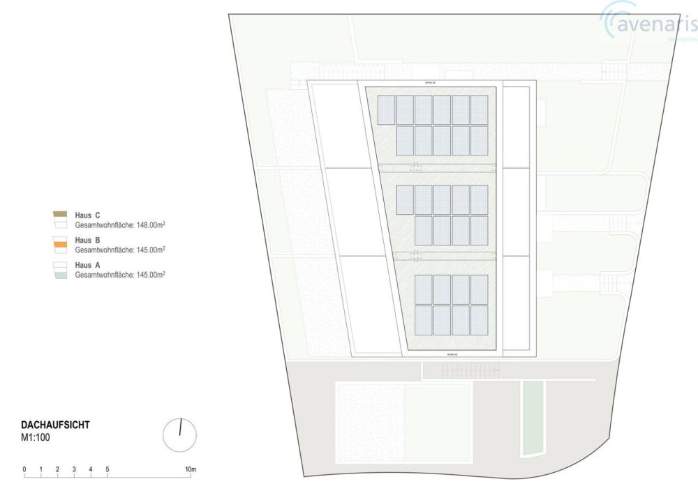 Nur noch ein Haus von drei bewilligten Premium-Reihenhäusern frei - Dachaufsicht / Roof supervision