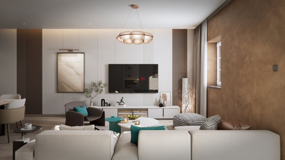 Der Charme eines Dorfes, die Nähe zur Stadt Nyon - / Espace salon / a modern apartment with tan walls, a white couch, a table and chairs