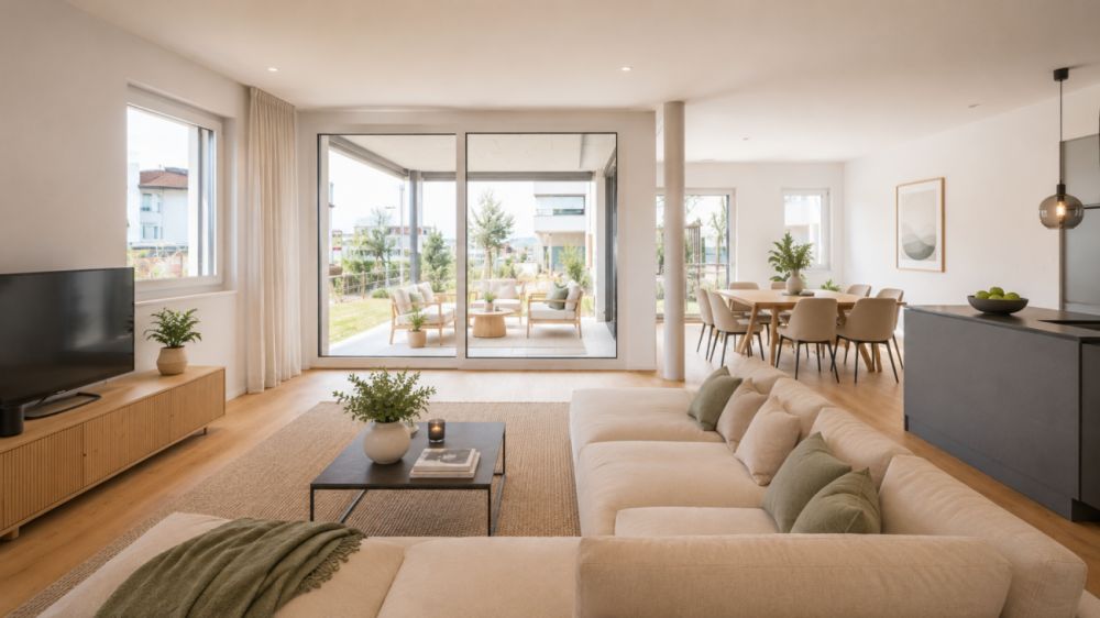 Exklusive 5.5-Zimmer-Gartenwohnung an bester Lage - Wohn- und Essbereich mit Sitzplatz