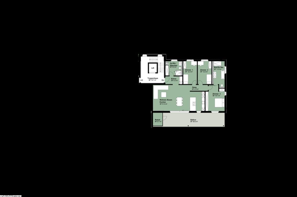 4.5 Z.-Wohnung OG (D), 126 m2 Netto Wohnfläche, 35m2 gedeckter Balkon - Grundriss D