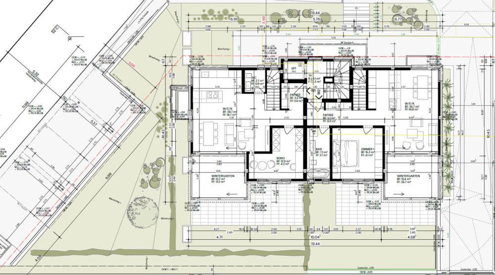 Neubauprojekt Cube: Exklusive Eigentumswohnung - Grundriss Gartenbereich W1 und W2
